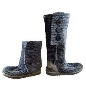 UGG Australia Cardy‎ III Knit Button Foldable Blue Boot 7 Lamb Fleece Shearling